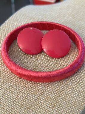 Pink Satin Wrapped Bangle with vintage Pink Button Studs earrings set think pink